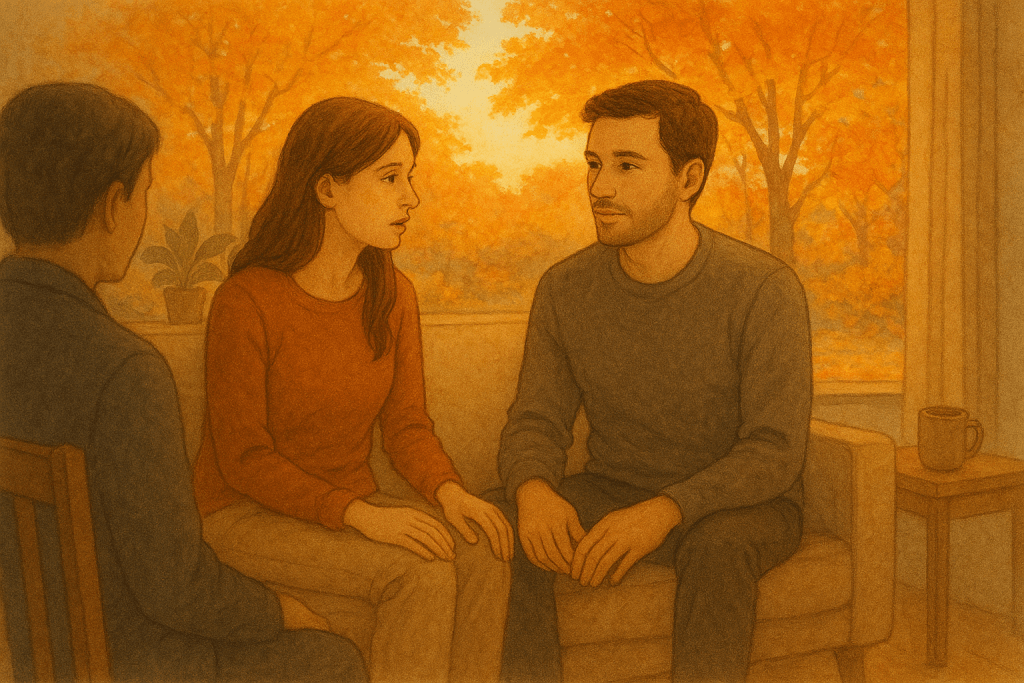 A warm, painterly digital illustration shows a couple in a therapy session with a counselor in a softly lit room. Golden autumn light filters through a large window behind them, revealing trees covered in orange and yellow leaves. The couple sits close together on a beige sofa, engaged in calm conversation, while the therapist listens nearby. The sepia-inspired tones and cozy details — a mug, plant, and gentle shadows — evoke trust, reflection, and emotional warmth. The Complete Guide to Couples Counselling in Red Deer