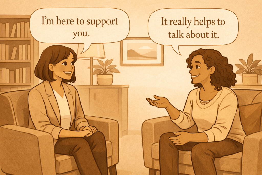 A warm, sepia-toned illustration of two women in a cozy therapy office. They sit in soft armchairs facing each other, surrounded by plants and bookshelves. The therapist smiles gently and says, “I’m here to support you,” while the client, speaking thoughtfully, replies, “It really helps to talk about it.” The scene feels calm, kind, and approachable, with a soft cartoon style and inviting atmosphere. The Role of Therapy in Building Healthy Sexuality Across the Lifespan